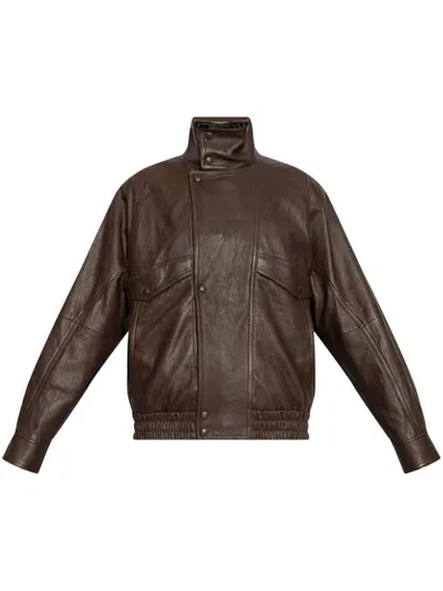 Saint Laurent Leather Bomber Jacket In Brown