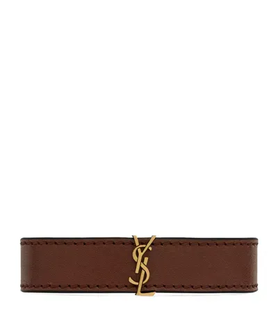 Saint Laurent Leather Cassandre Bracelet In Brown