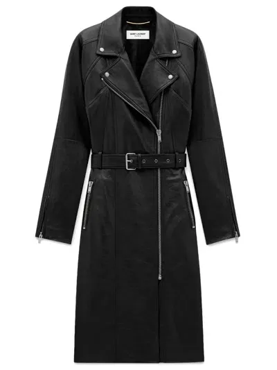 Saint Laurent Leather Coat In Black