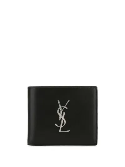 Saint Laurent Leather Wallet With Logo In Black