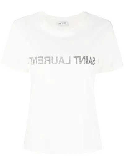 Saint Laurent Logo Cotton T-shirt In White