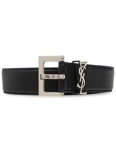 Saint Laurent Logo-plaque Belt In Black