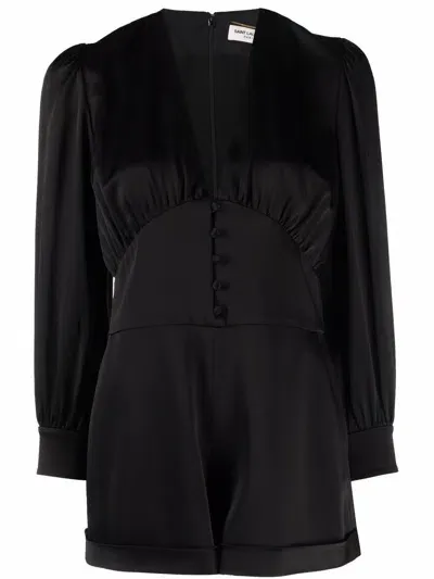 Saint Laurent Long-sleeve Silk Playsuit In Schwarz