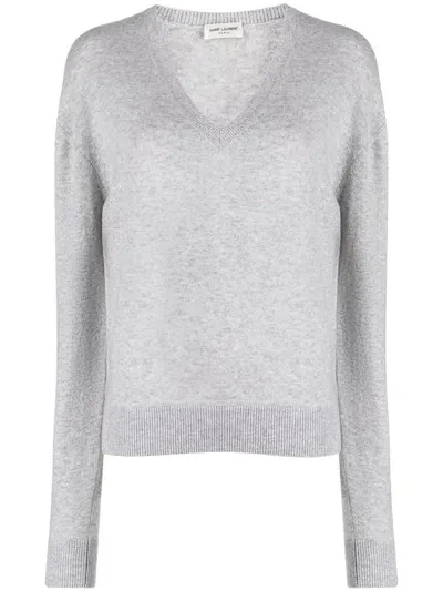 Saint Laurent V-neck Cashmere Jumper In Grey