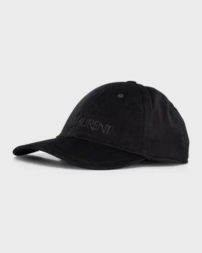 Saint Laurent Men's 6-panel Corduroy Logo Baseball Cap In Black