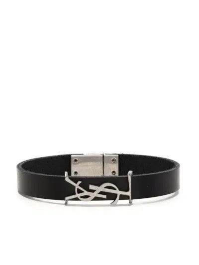 Saint Laurent Men's Browny Logo Plaque Leather Belt In Nero