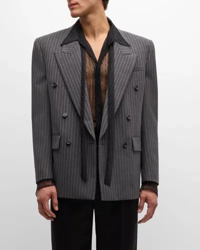 Saint Laurent Men's Double-breasted Pinstripe Sport Coat In Opt.wht