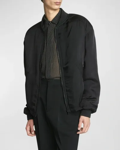 Saint Laurent Men's Satin Bomber Jacket In Nero