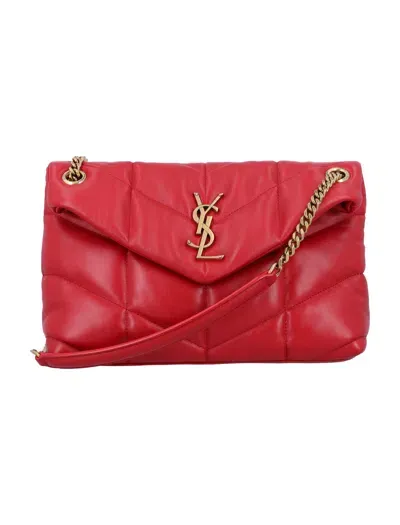 Saint Laurent Logo Plaque Puffer Chained Shoulder Bag In Red Danger