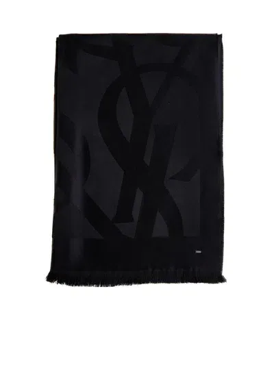 Saint Laurent Monogram Wool Scarf In Black