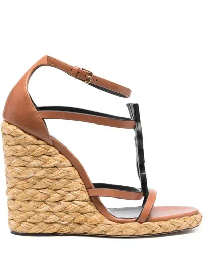 Saint Laurent Cassandra 115 Leather And Raffia Wedge Sandals In Orange