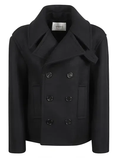 Saint Laurent Double-breasted Cropped Jacket In Duffl/noir