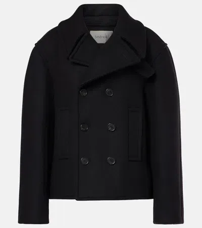 Saint Laurent Dark Blue Wool Wide Coat In Black