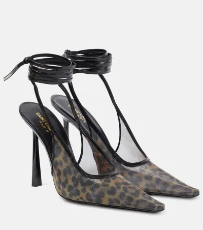 Saint Laurent Oxalis Leather-trimmed Slingback Pumps In Manto Naturale / Noir