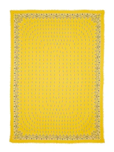 Saint Laurent Paisley Printed Frayed Edge Scarf In Yellow