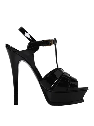 Saint Laurent Patent Tribute Platform Sandals In Nero