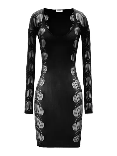 Saint Laurent Perforated Jersey Knit Dress In Black