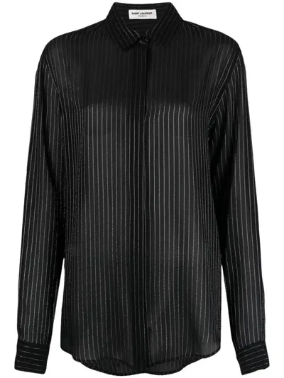 Saint Laurent Pinstripe Silk-blend Shirt In Black