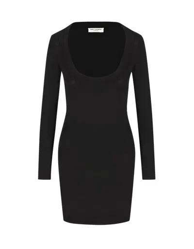 Saint Laurent Plunging Round Neck Long In Black