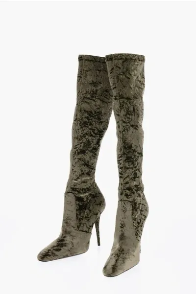 Saint Laurent Pointed Velour Knee-lenght Boots Heel 11 Cm In Green