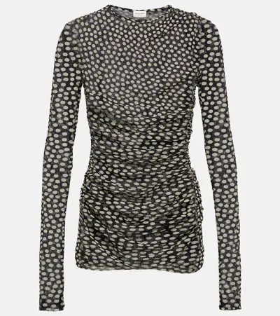 Saint Laurent Polka-dot Ruched Minidress In Black