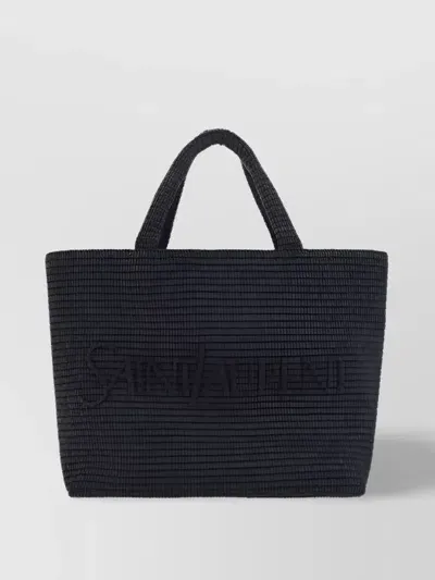 Saint Laurent Raffia Tote Bag Textured Fabric In Black