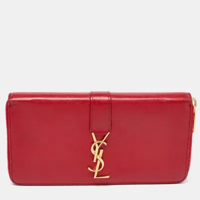 Pre-owned Saint Laurent Red Leather Monogram Zip Around Wallet