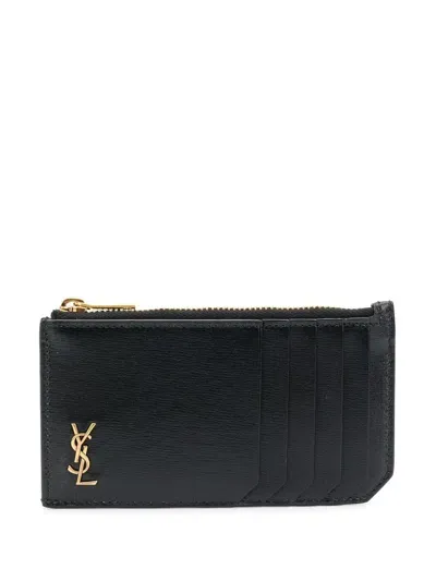 Saint Laurent Logo Plaque Zipped Cardholder In Black