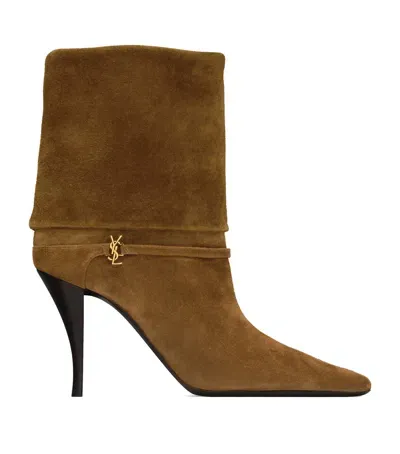 Saint Laurent Suede Vicky Ankle Boots 90 In Beige