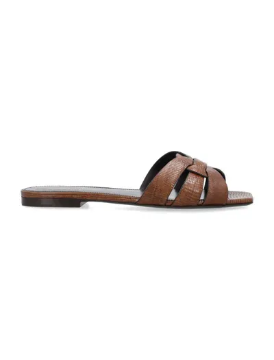 Saint Laurent Tribute Lizard Embossed Sandal In Almond Brown