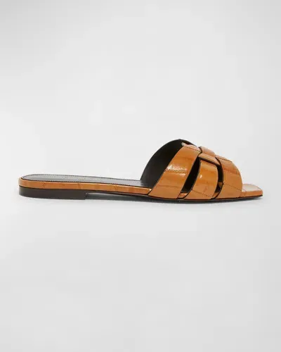 Saint Laurent Tribute Woven Flat Slide Sandals In Brown