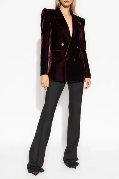 Saint Laurent Double Breast Viscose Blend Blazer In Burgundy