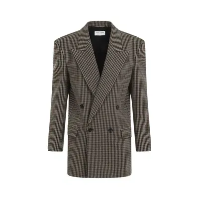 Saint Laurent Vichy Wool Jacket Clothing In Brown