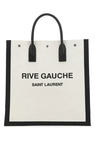 Saint Laurent Logo Printed Tote Bag In White