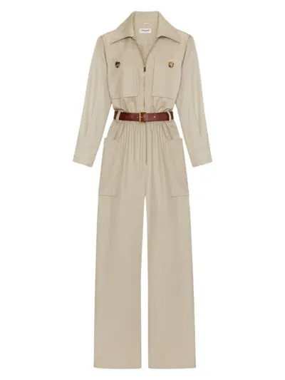 Saint Laurent Cotton Twill Jumpsuit In Beige Clair