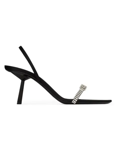 Saint Laurent Crystal-embellished Satin Slingback Sandals In Black