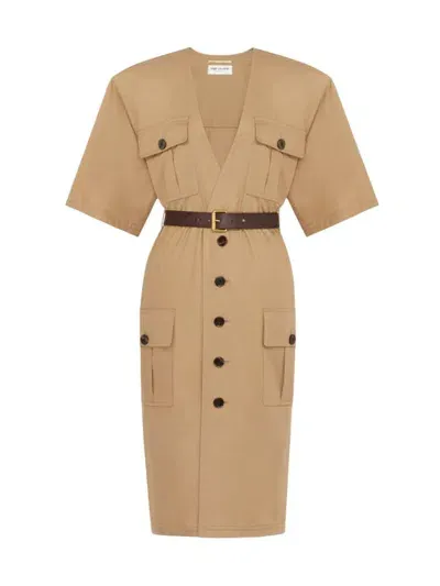 Saint Laurent Saharienne Cotton Twill Shirtdress In Beige Fonce