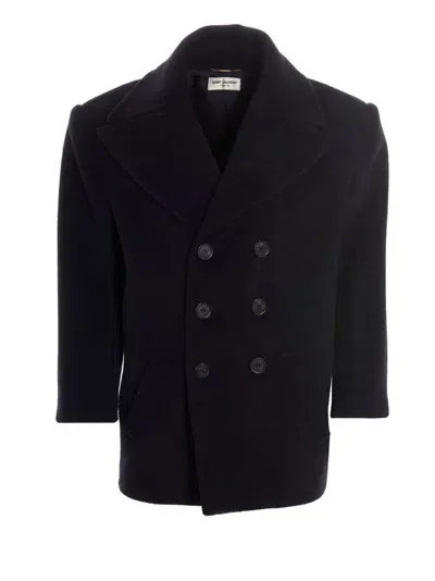 Saint Laurent Wool Double Breast Coat In Blue