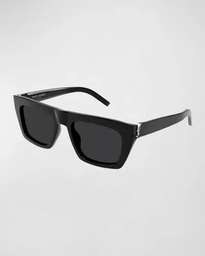 Saint Laurent Ysl Acetate Flat-top Rectangle Sunglasses In Shiny Solid Black