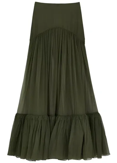 Saint Laurent Yves  Silk-mesh Maxi Skirt In Khaki