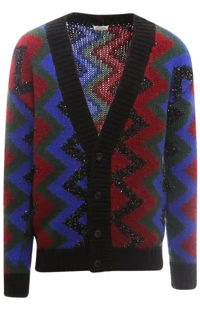 Saint Laurent Zig Zag Jacquard Sequin Cardigan In Multi