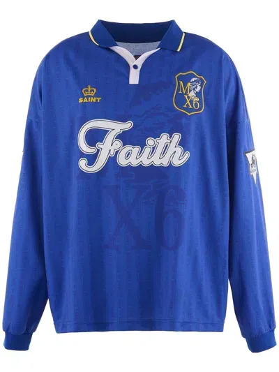 Saint Mxxxxxx Text Print Long-sleeved Polo Shirt In Blue