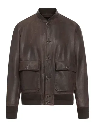 Salvatore Santoro Leather Bomber Jacket In Brown