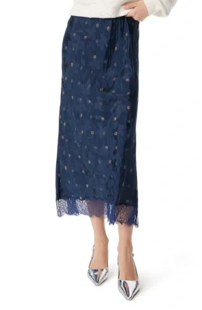 Sam Edelman Gracie Lace Trim Satin Midi Skirt In Navy Scribble Dot