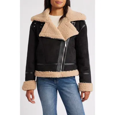 Sam Edelman Notched Lapel Faux Shearling & Faux Suede Jacket In Black/camel