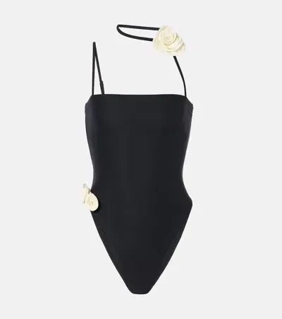 Same Floral-appliqué Swimsuit In Schwarz