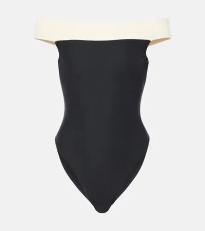 Same Off-shoulder Swimsuit In Faux Suede Black/cream