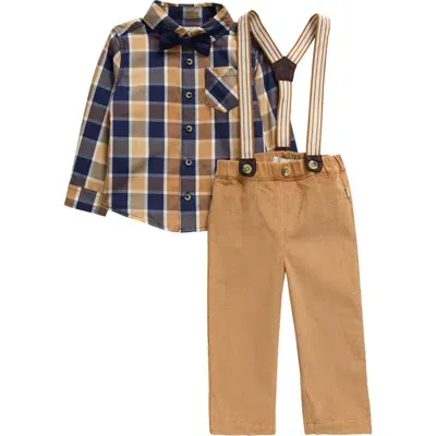 Sammy + Nat Babies'  Plaid Button-up Shirt, Corduroy Pants, Suspenders & Bow Tie Set In Chipmunk