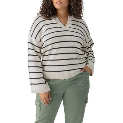 Sanctuary Chill Vibes Stripe Cotton V-neck Sweater In Chalk/black