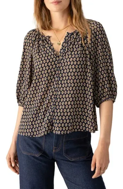 Sanctuary Geo Print Puff Sleeve Button-up Top In Windchime